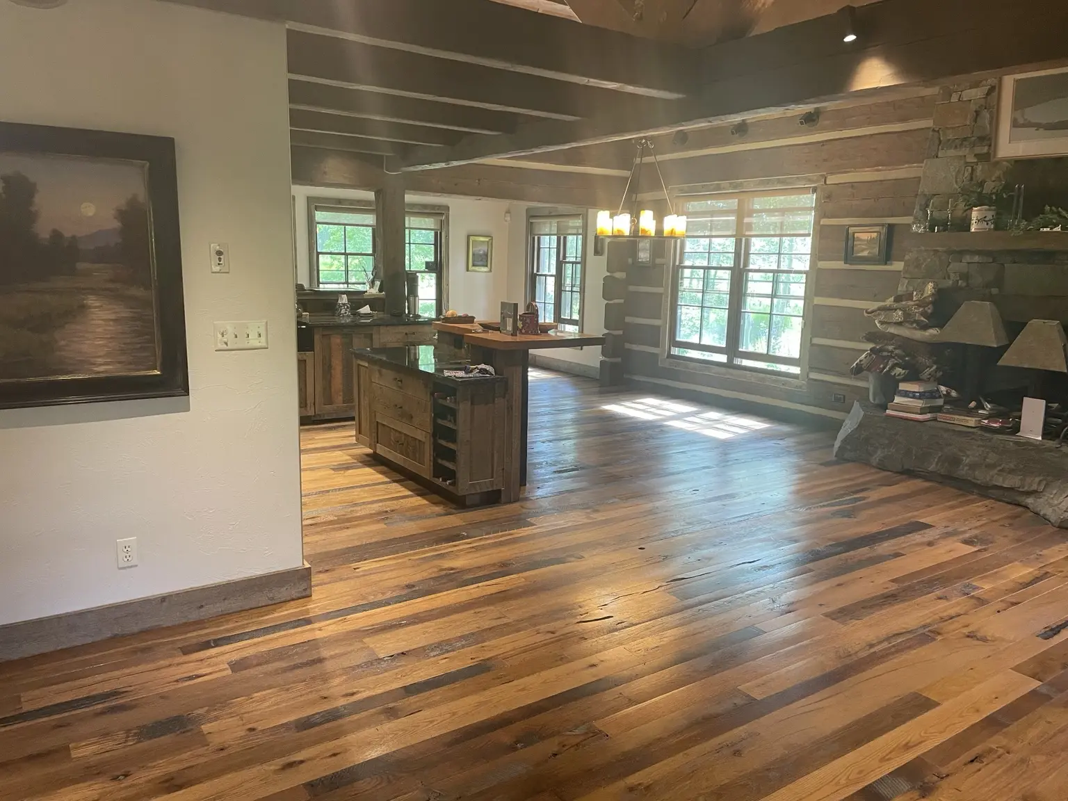 Reclaimed character hardwood floor in a rustic Montana great room